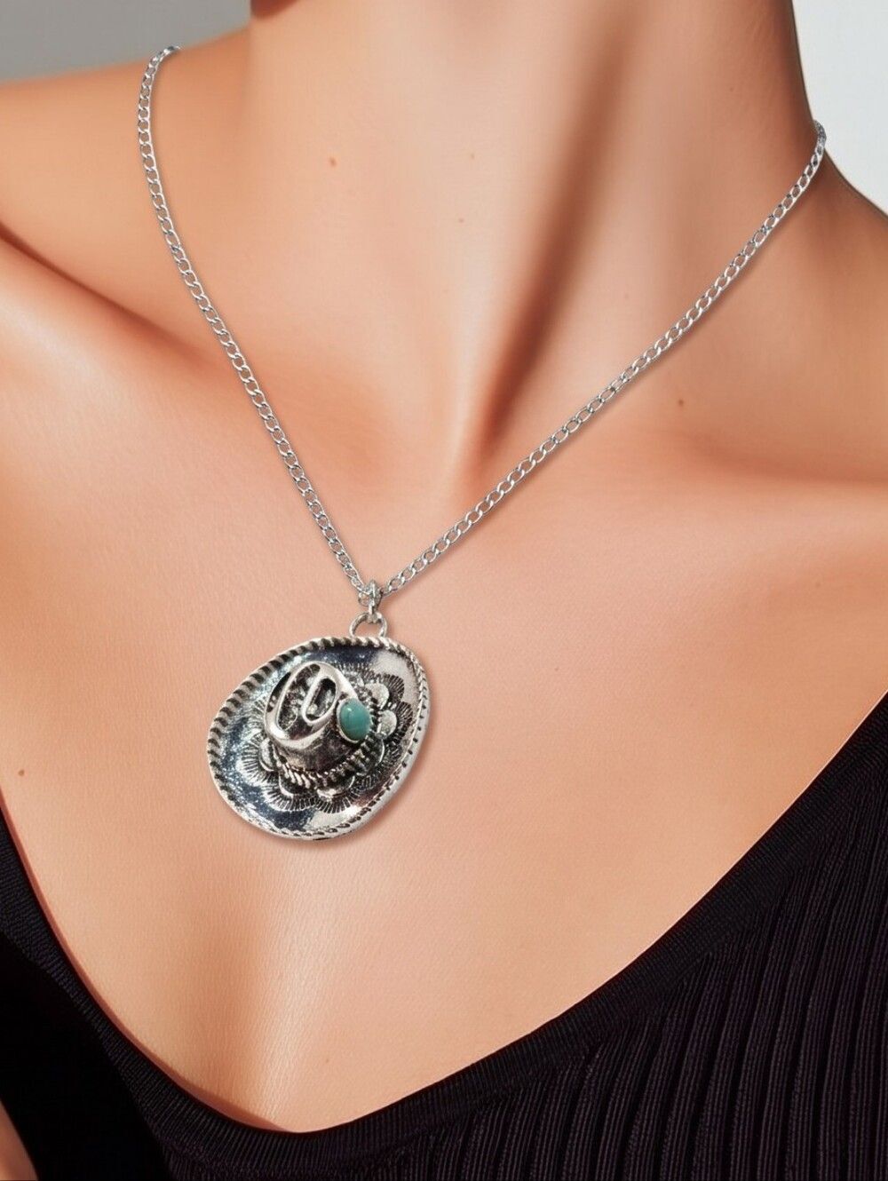 Coastal Cowgirl Turquoise Cowboy Hat Necklace Silver Western Layering Rodeo Glam